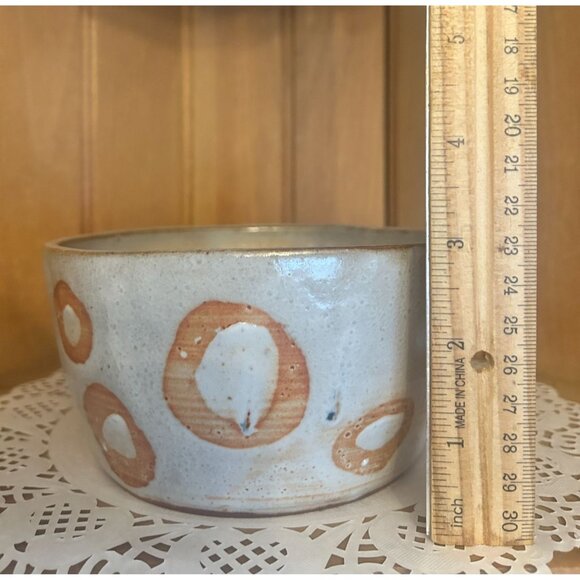 Studio Pottery Rustic Ceramic Bowl Gray Brown Abstract Circular Polka Dot Patter - Picture 2 of 7